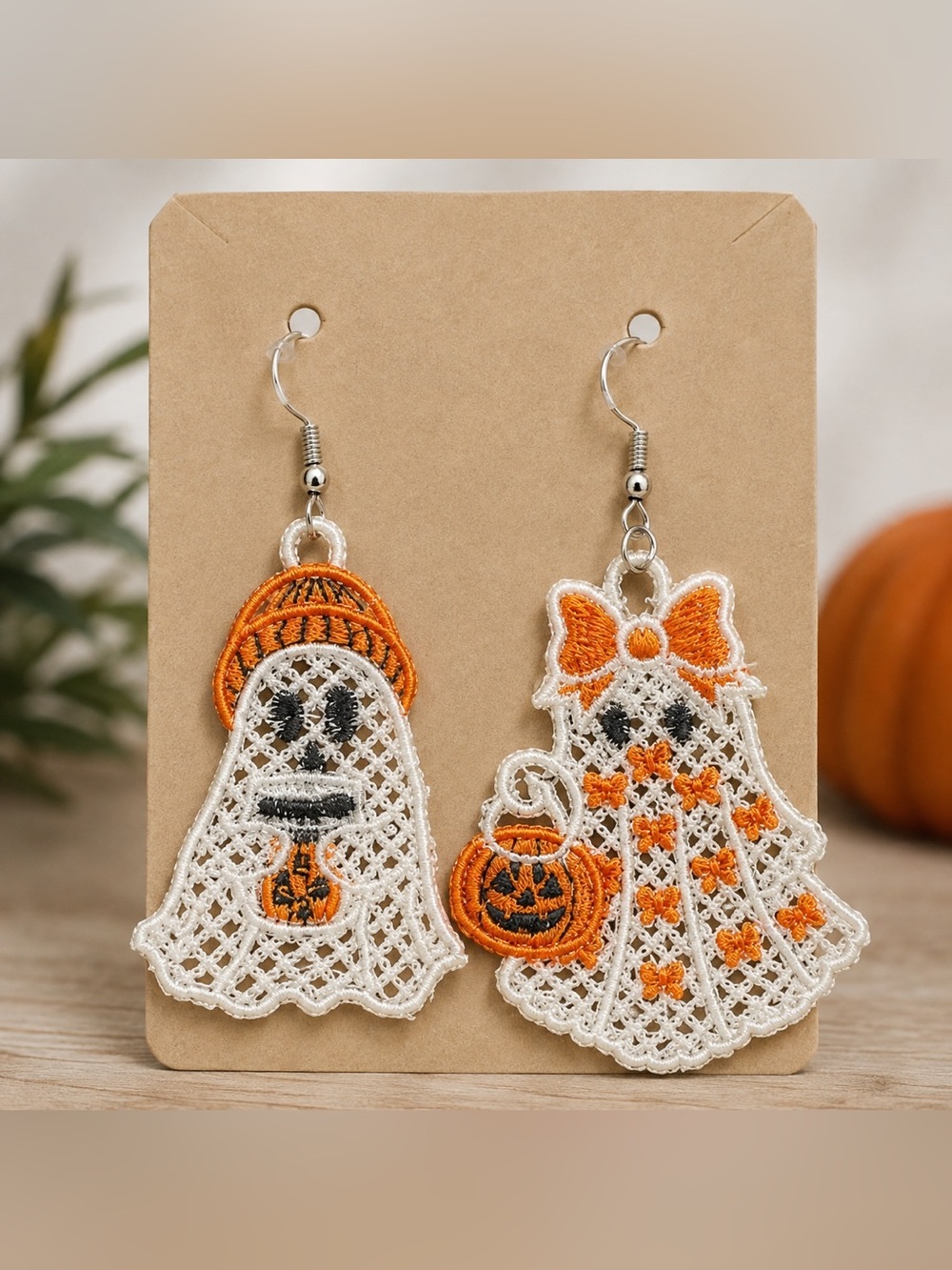 Hand Crafted Orange & White Halloween Embroidered freestanding Lace Ghost Earrin